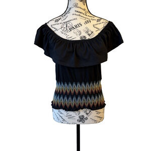 Derek Heart Women’s Sleeveless Top L Black Ruffle Smocked Colorful Stitching